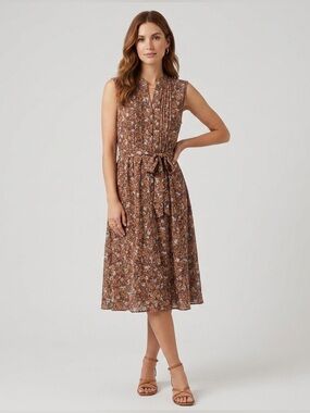 Nanette Lepore Floral Midi Dress Size 16 Brown Sleeveless Belted Vintage Style